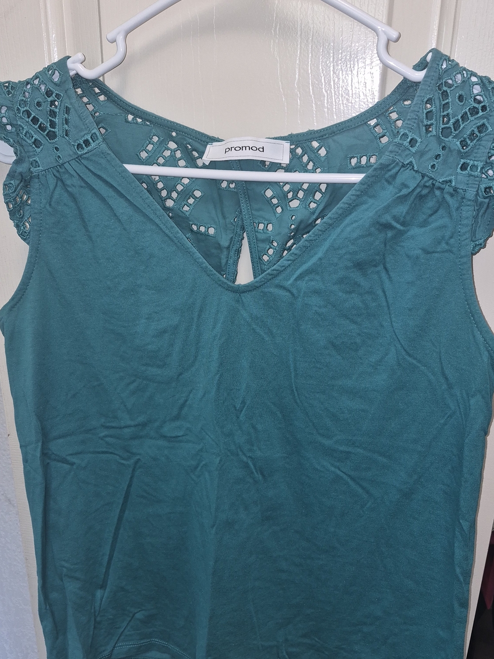 Promod Teal Crochet-Trim V-Neck Tank